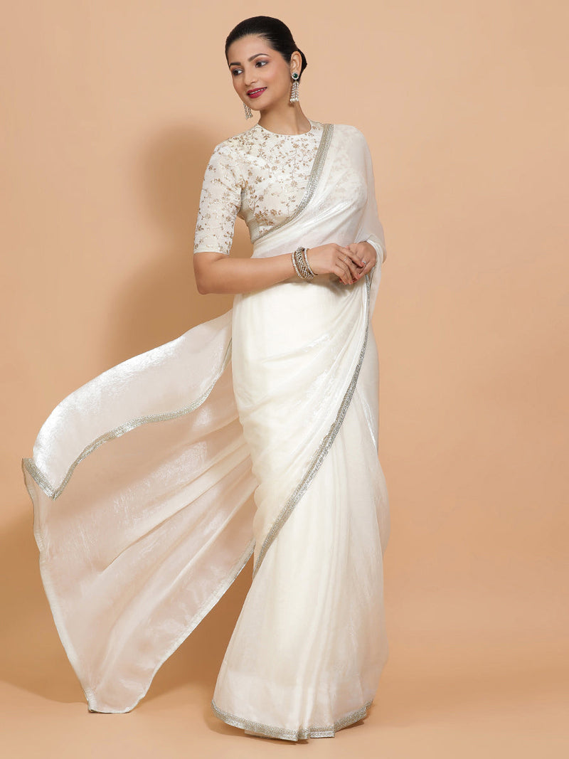 Diana DrapeFit™ One Minute Saree Combo | Opal Mist White Tissue Saree with Cream Embroidered Zeelaf Blouse | Ready-To-Wear Saree Optional-Binks