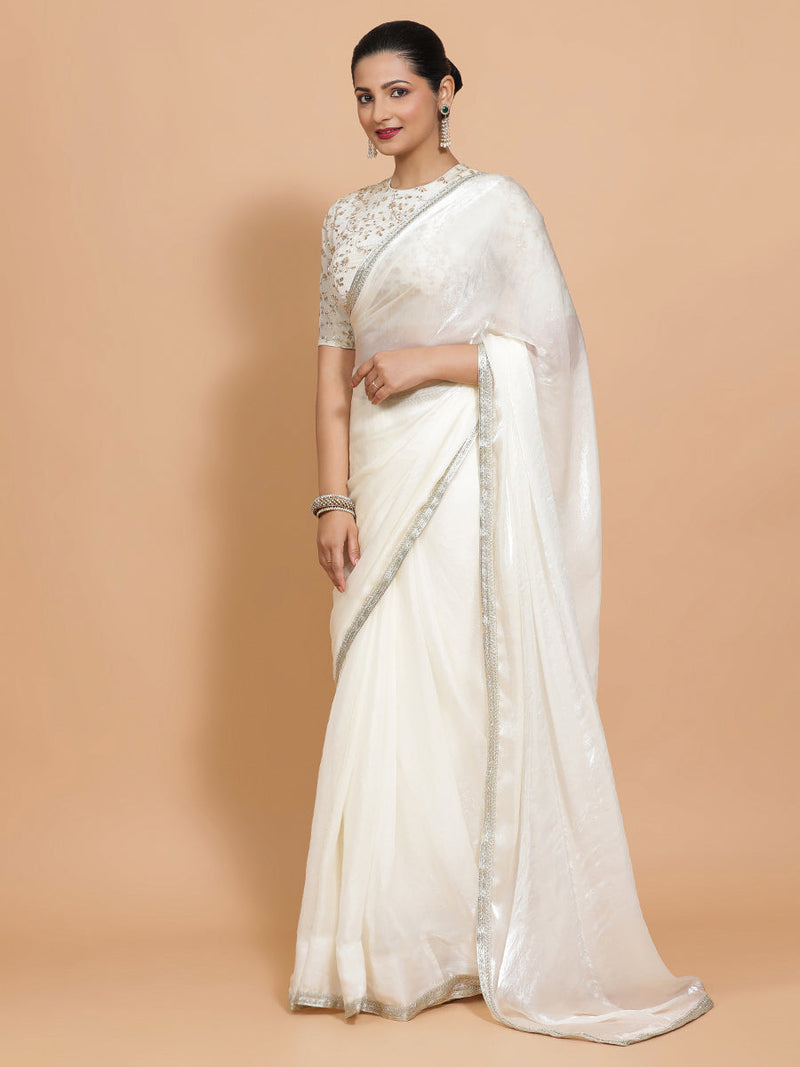 Diana DrapeFit™ One Minute Saree Combo | Opal Mist White Tissue Saree with Cream Embroidered Zeelaf Blouse | Ready-To-Wear Saree Optional-Binks