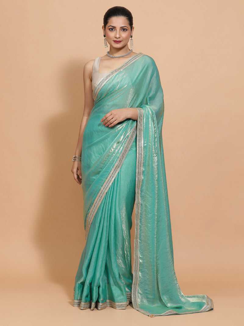 Helen DrapeFit™ One Minute Saree Combo | Golden Green Tissue Saree with Grey Ivory Sleeveless Kasturi Blouse | Ready-To-Wear Saree Optional-Binks