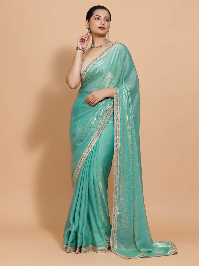 Helen DrapeFit™ One Minute Saree Combo | Golden Green Tissue Saree with Grey Ivory Sleeveless Kasturi Blouse | Ready-To-Wear Saree Optional-Binks