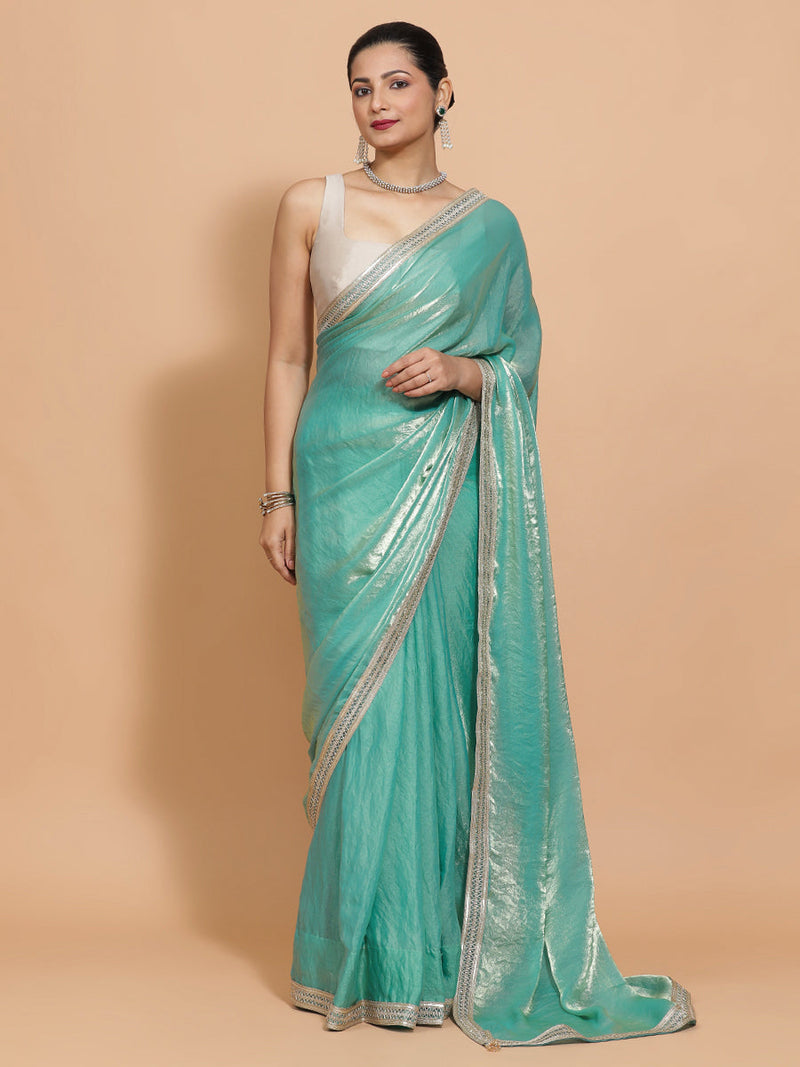 Helen DrapeFit™ One Minute Saree Combo | Golden Green Tissue Saree with Grey Ivory Sleeveless Kasturi Blouse | Ready-To-Wear Saree Optional-Binks
