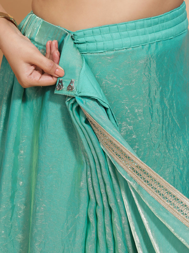 Helen DrapeFit™ One Minute Saree Combo | Golden Green Tissue Saree with Grey Ivory Sleeveless Kasturi Blouse | Ready-To-Wear Saree Optional-Binks