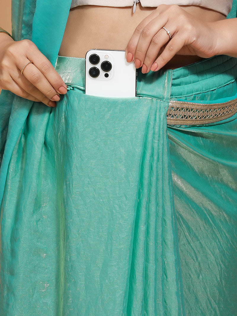 Helen DrapeFit™ One Minute Saree Combo | Golden Green Tissue Saree with Grey Ivory Sleeveless Kasturi Blouse | Ready-To-Wear Saree Optional-Binks
