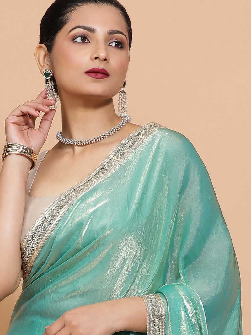 Helen DrapeFit™ One Minute Saree Combo | Golden Green Tissue Saree with Grey Ivory Sleeveless Kasturi Blouse | Ready-To-Wear Saree Optional-Binks