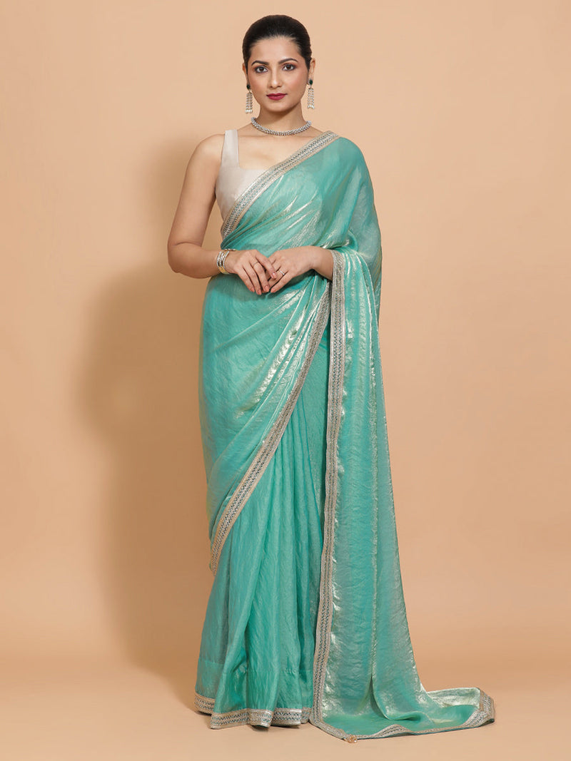 Helen DrapeFit™ One Minute Saree Combo | Golden Green Tissue Saree with Grey Ivory Sleeveless Kasturi Blouse | Ready-To-Wear Saree Optional-Binks