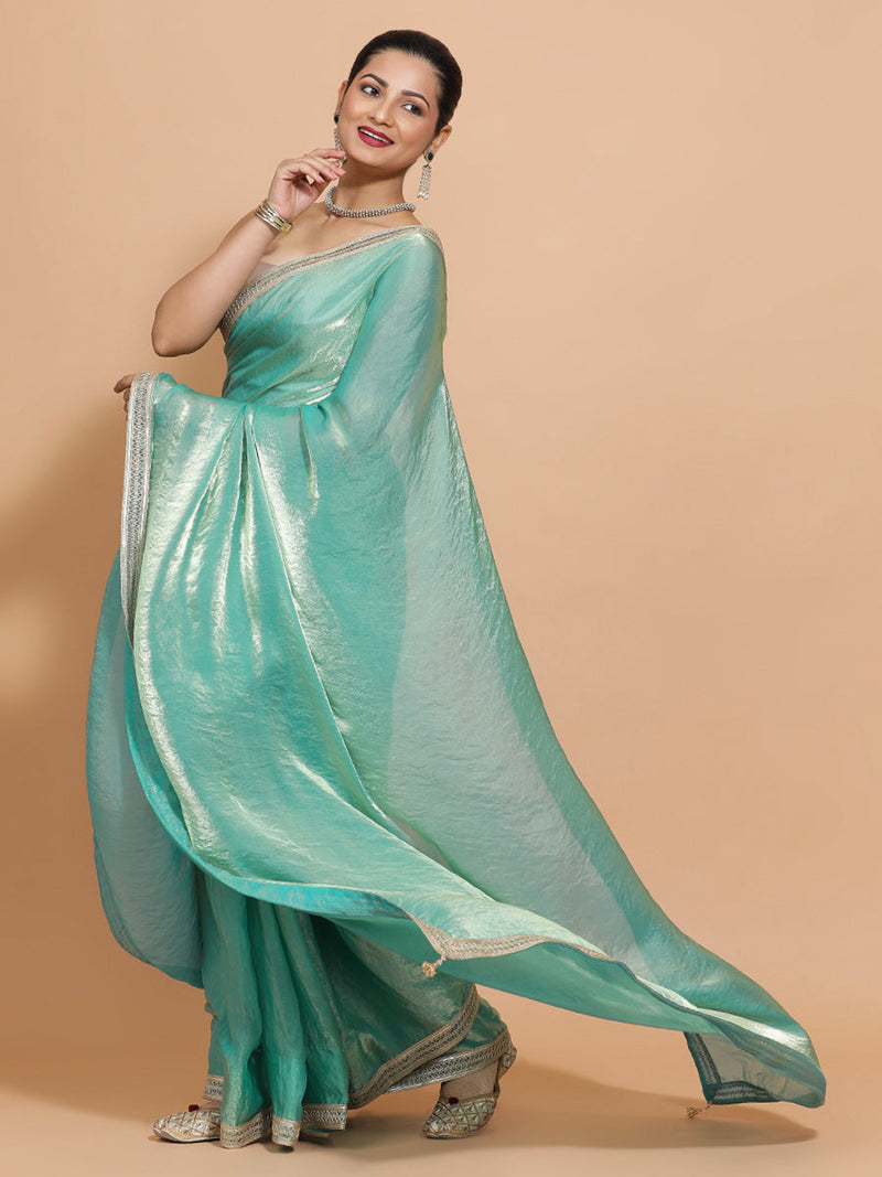 Helen DrapeFit™ One Minute Saree Combo | Golden Green Tissue Saree with Grey Ivory Sleeveless Kasturi Blouse | Ready-To-Wear Saree Optional-Binks