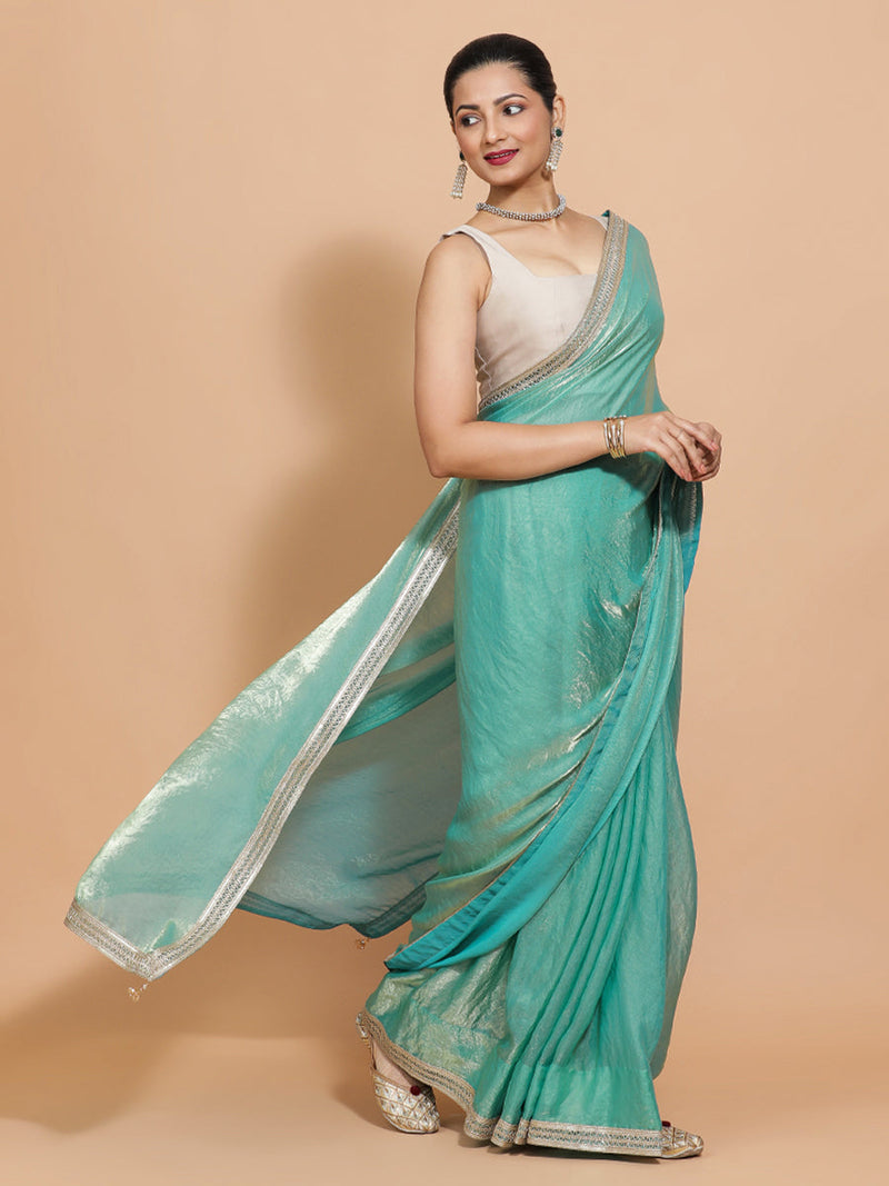 Helen DrapeFit™ One Minute Saree Combo | Golden Green Tissue Saree with Grey Ivory Sleeveless Kasturi Blouse | Ready-To-Wear Saree Optional-Binks