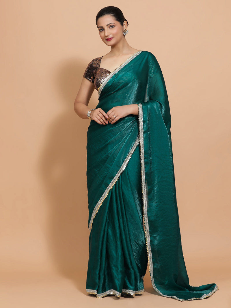 Jasmin DrapeFit™ One Minute Saree Combo | Glass Green Tissue Saree with Gold Black Sequined Sakshi Blouse | Ready-To-Wear Saree Optional-Binks