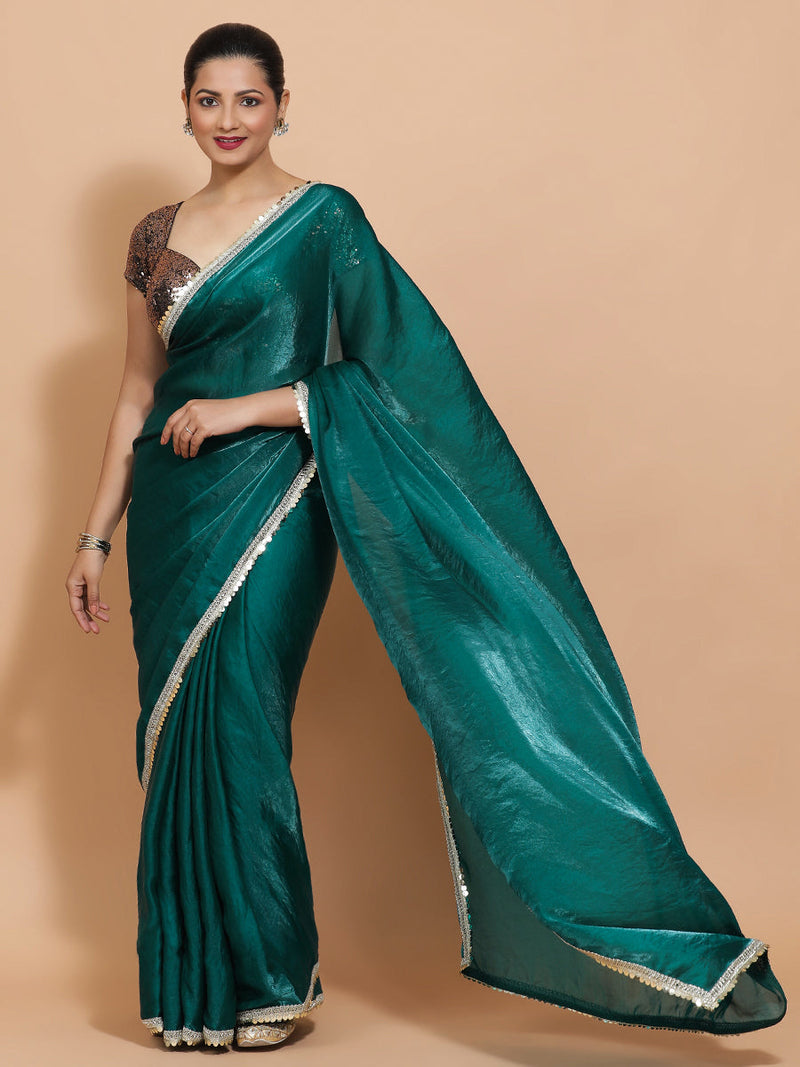 Jasmin DrapeFit™ One Minute Saree Combo | Glass Green Tissue Saree with Gold Black Sequined Sakshi Blouse | Ready-To-Wear Saree Optional-Binks