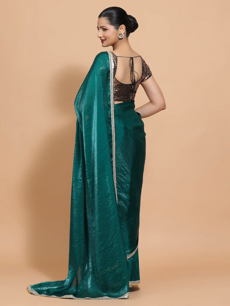 Jasmin DrapeFit™ One Minute Saree Combo | Glass Green Tissue Saree with Gold Black Sequined Sakshi Blouse | Ready-To-Wear Saree Optional-Binks