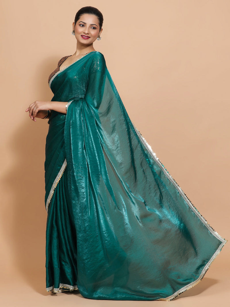 Jasmin DrapeFit™ One Minute Saree Combo | Glass Green Tissue Saree with Gold Black Sequined Sakshi Blouse | Ready-To-Wear Saree Optional-Binks