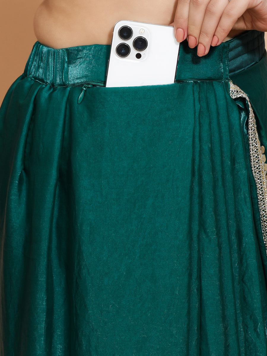 Jasmin DrapeFit One Minute Saree Combo, in Green Sequin Fabric, featuring short sleeves, made for party & festive (view 4).