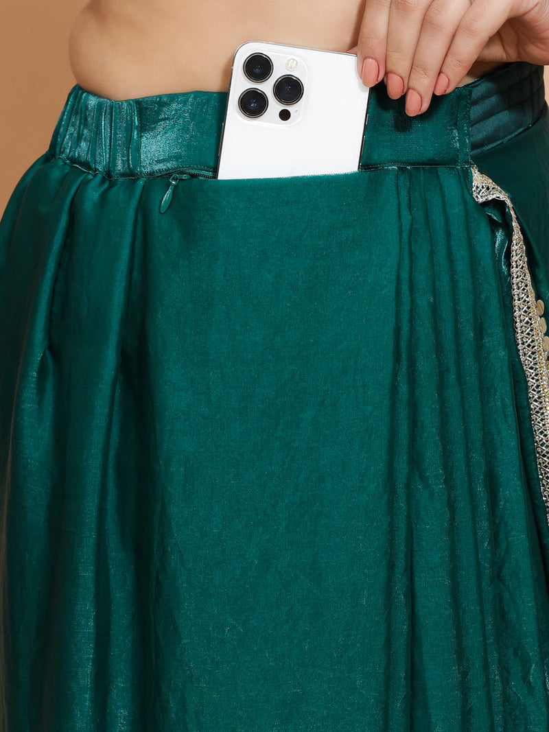 Jasmin DrapeFit™ One Minute Saree Combo | Glass Green Tissue Saree with Gold Black Sequined Sakshi Blouse | Ready-To-Wear Saree Optional-Binks