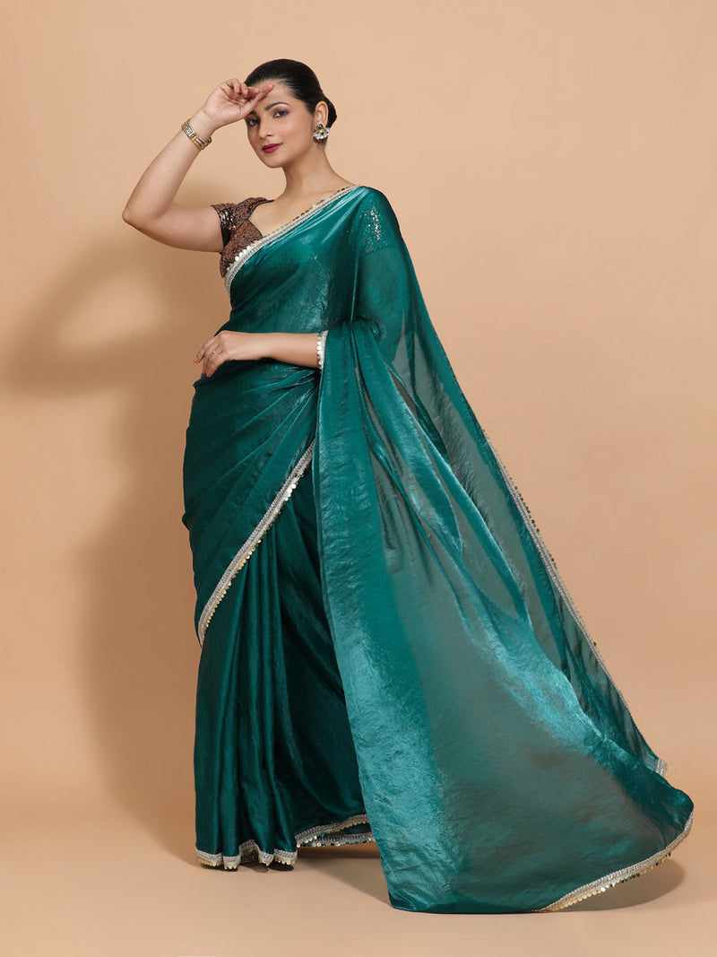 Jasmin DrapeFit™ One Minute Saree Combo | Glass Green Tissue Saree with Gold Black Sequined Sakshi Blouse | Ready-To-Wear Saree Optional-Binks