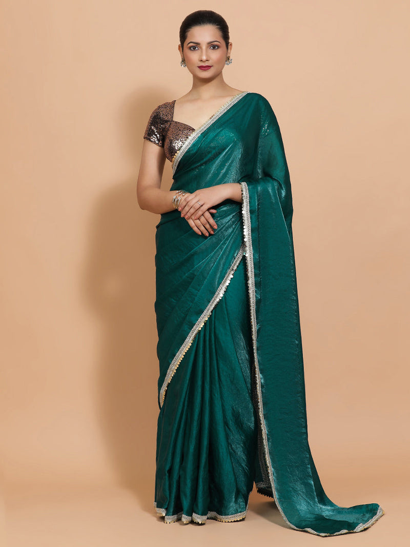 Jasmin DrapeFit™ One Minute Saree Combo | Glass Green Tissue Saree with Gold Black Sequined Sakshi Blouse | Ready-To-Wear Saree Optional-Binks