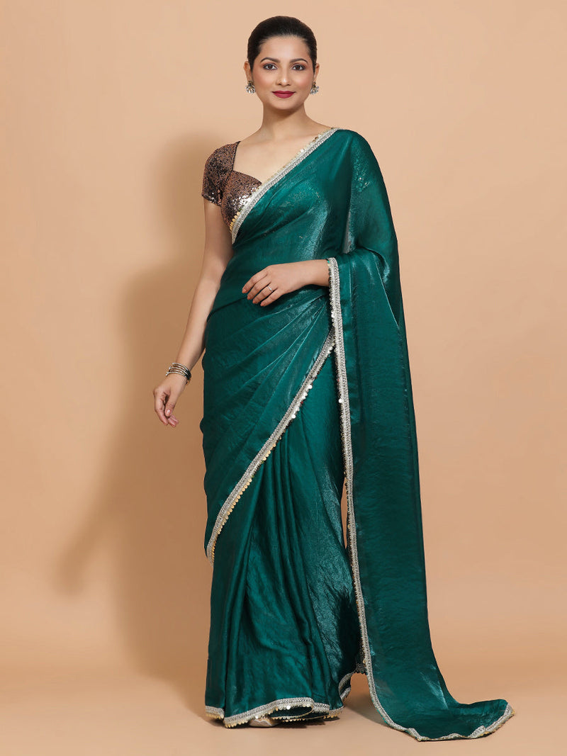 Jasmin DrapeFit™ One Minute Saree Combo | Glass Green Tissue Saree with Gold Black Sequined Sakshi Blouse | Ready-To-Wear Saree Optional-Binks