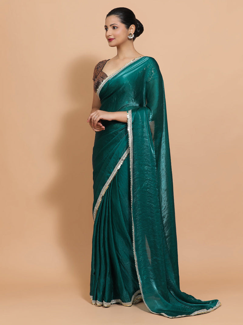 Jasmin DrapeFit™ One Minute Saree Combo | Glass Green Tissue Saree with Gold Black Sequined Sakshi Blouse | Ready-To-Wear Saree Optional-Binks