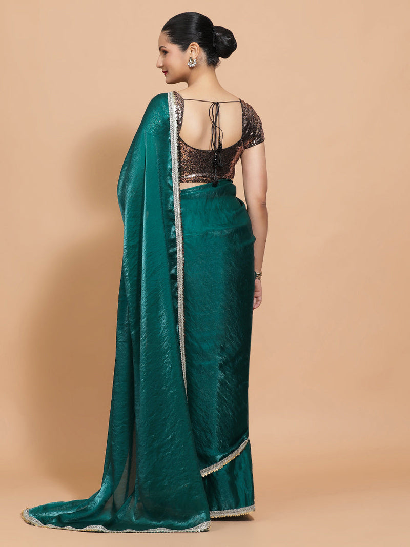 Jasmin DrapeFit™ One Minute Saree Combo | Glass Green Tissue Saree with Gold Black Sequined Sakshi Blouse | Ready-To-Wear Saree Optional-Binks