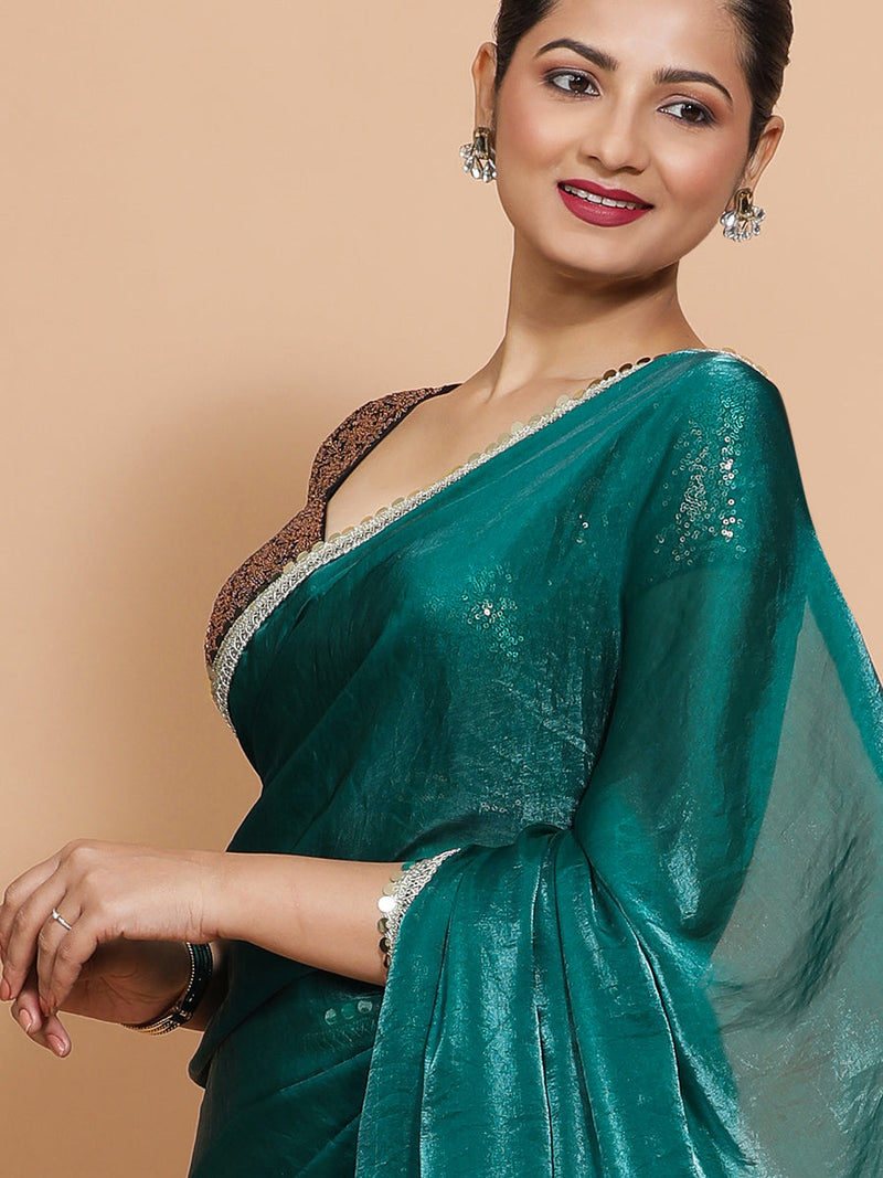 Jasmin DrapeFit™ One Minute Saree Combo | Glass Green Tissue Saree with Gold Black Sequined Sakshi Blouse | Ready-To-Wear Saree Optional-Binks