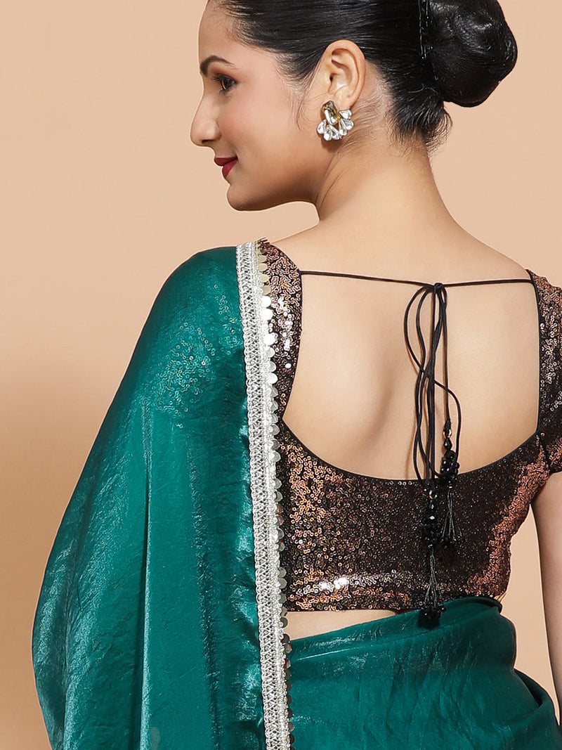 Jasmin DrapeFit™ One Minute Saree Combo | Glass Green Tissue Saree with Gold Black Sequined Sakshi Blouse | Ready-To-Wear Saree Optional-Binks