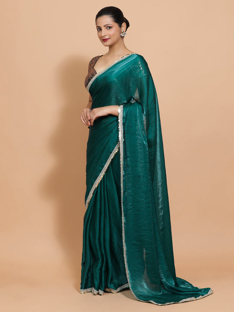 Jasmin DrapeFit™ One Minute Saree Combo | Glass Green Tissue Saree with Gold Black Sequined Sakshi Blouse | Ready-To-Wear Saree Optional-Binks