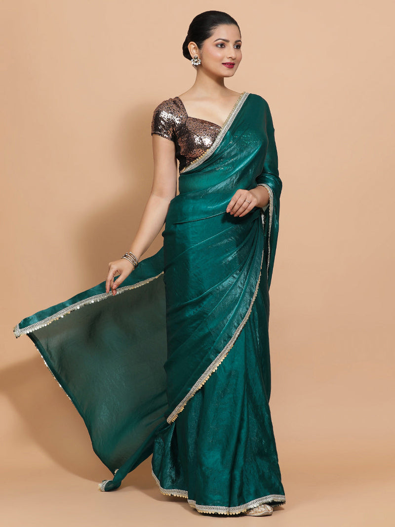 Jasmin DrapeFit™ One Minute Saree Combo | Glass Green Tissue Saree with Gold Black Sequined Sakshi Blouse | Ready-To-Wear Saree Optional-Binks