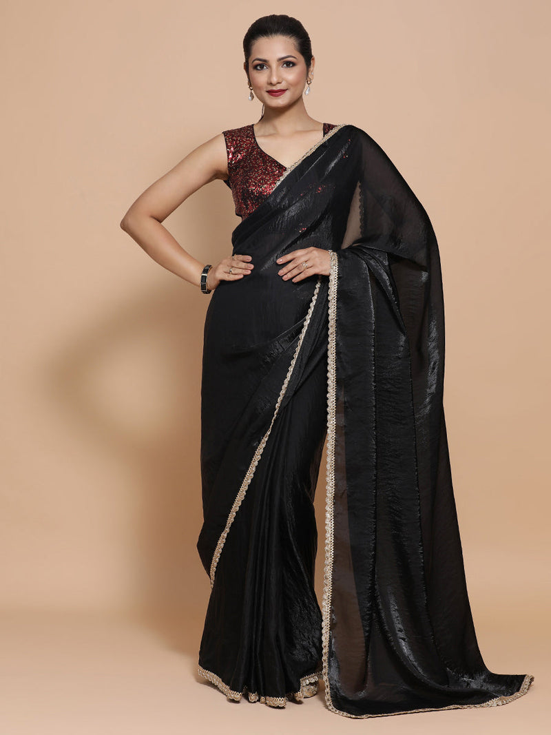 Jhilmil DrapeFit™ One Minute Saree Combo | Black Dual Toned Tissue Saree with Red Sequined with Lavanya Sleeveless Blouse | Ready-To-Wear Saree Optional-Binks