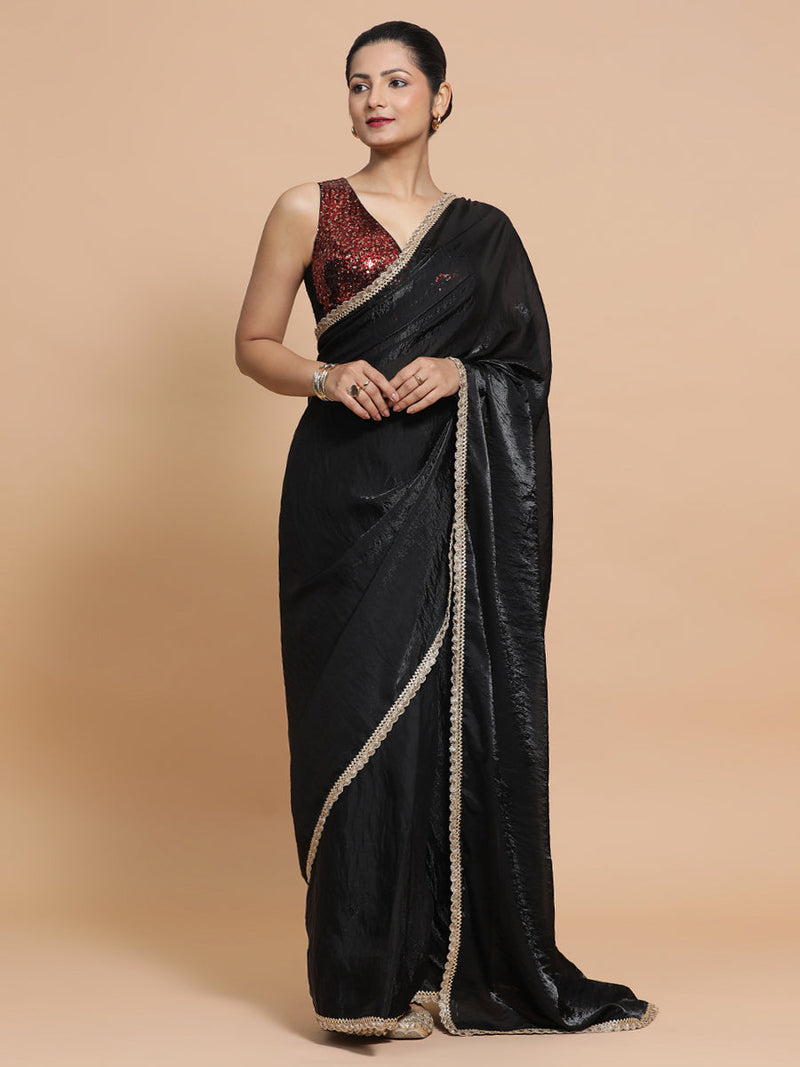 Jhilmil DrapeFit™ One Minute Saree Combo | Black Dual Toned Tissue Saree with Red Sequined with Lavanya Sleeveless Blouse | Ready-To-Wear Saree Optional-Binks