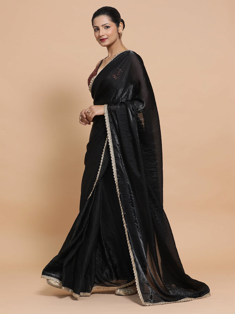 Jhilmil DrapeFit™ One Minute Saree Combo | Black Dual Toned Tissue Saree with Red Sequined with Lavanya Sleeveless Blouse | Ready-To-Wear Saree Optional-Binks