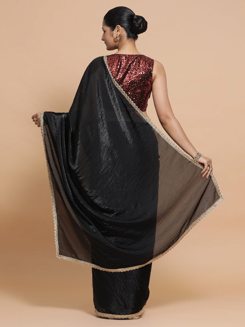 Jhilmil DrapeFit™ One Minute Saree Combo | Black Dual Toned Tissue Saree with Red Sequined with Lavanya Sleeveless Blouse | Ready-To-Wear Saree Optional-Binks