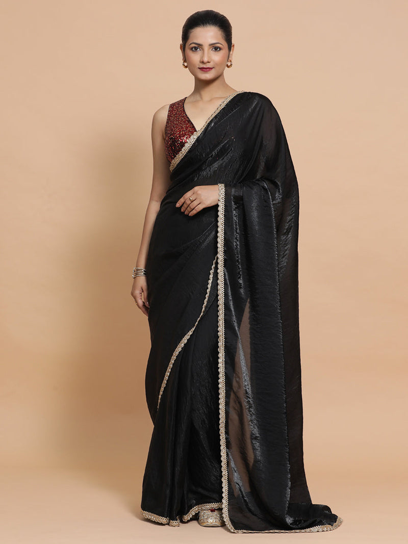 Jhilmil DrapeFit™ One Minute Saree Combo | Black Dual Toned Tissue Saree with Red Sequined with Lavanya Sleeveless Blouse | Ready-To-Wear Saree Optional-Binks