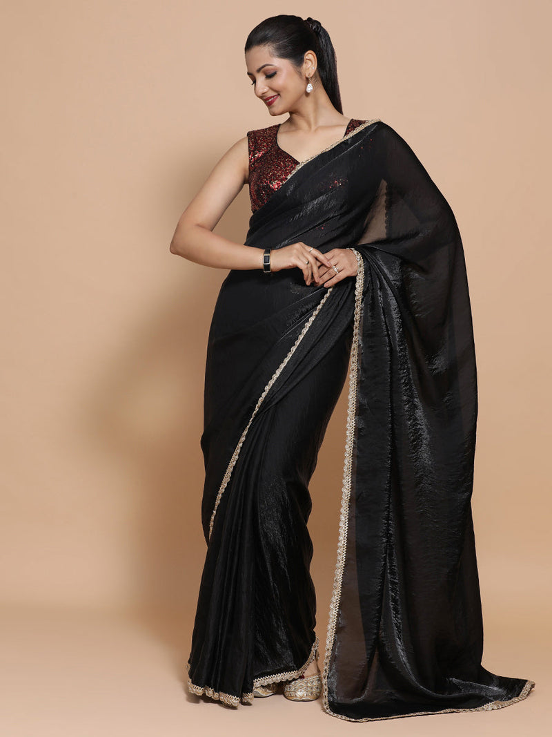 Jhilmil DrapeFit™ One Minute Saree Combo | Black Dual Toned Tissue Saree with Red Sequined with Lavanya Sleeveless Blouse | Ready-To-Wear Saree Optional-Binks