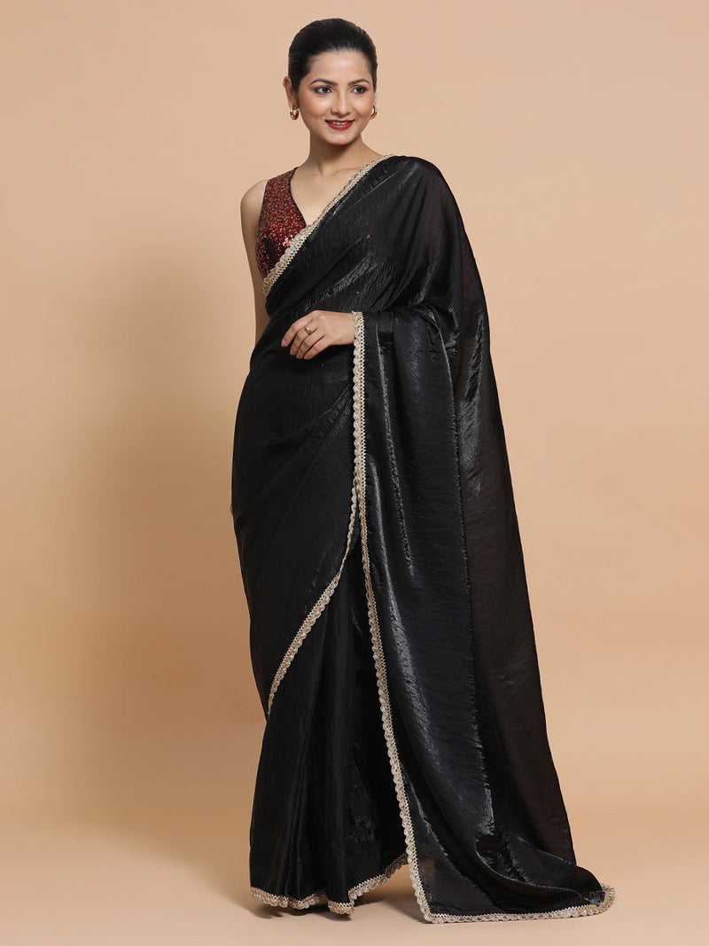 Jhilmil DrapeFit™ One Minute Saree Combo | Black Dual Toned Tissue Saree with Red Sequined with Lavanya Sleeveless Blouse | Ready-To-Wear Saree Optional-Binks