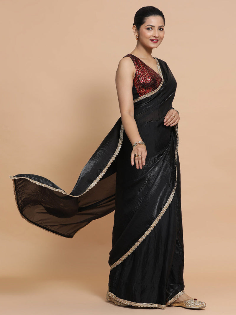 Jhilmil DrapeFit™ One Minute Saree Combo | Black Dual Toned Tissue Saree with Red Sequined with Lavanya Sleeveless Blouse | Ready-To-Wear Saree Optional-Binks