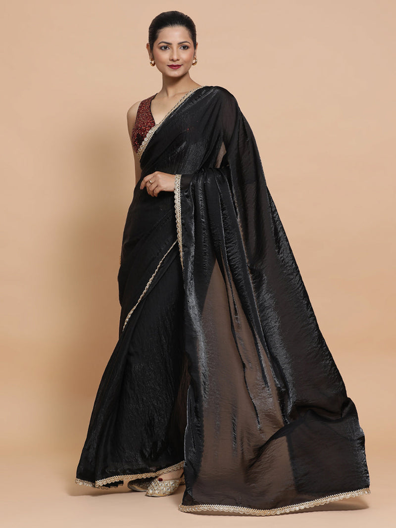 Jhilmil DrapeFit™ One Minute Saree Combo | Black Dual Toned Tissue Saree with Red Sequined with Lavanya Sleeveless Blouse | Ready-To-Wear Saree Optional-Binks