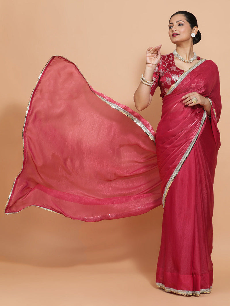 Monica DrapeFit™ One Minute Saree Combo | Blush Pink Tissue Saree with Red Pink Meenakari Saanvi Blouse | Ready-To-Wear Saree Optional-Binks