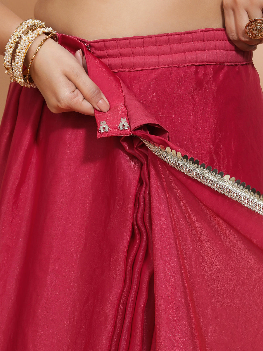 Monica DrapeFit One Minute Saree Combo, in Pink Meenakari Satin Viscose, featuring elbow sleeves, made for party & festive.