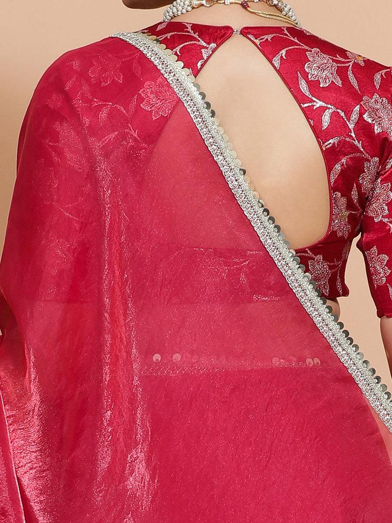 Monica DrapeFit™ One Minute Saree Combo | Blush Pink Tissue Saree with Red Pink Meenakari Saanvi Blouse | Ready-To-Wear Saree Optional-Binks