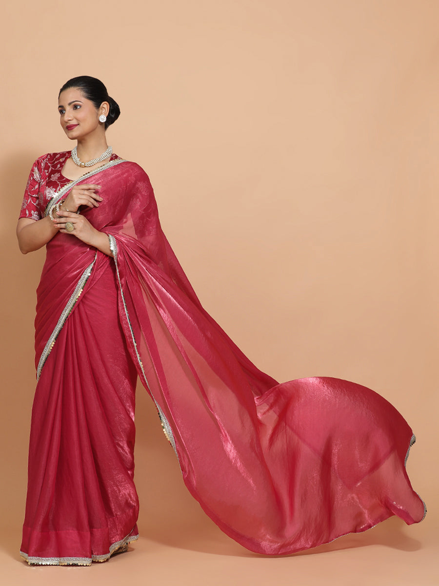 Monica DrapeFit One Minute Saree Combo, in Pink Meenakari Satin Viscose, featuring elbow sleeves, made for party & festive.
