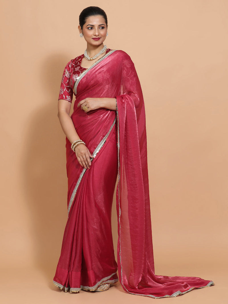 Monica DrapeFit™ One Minute Saree Combo | Blush Pink Tissue Saree with Red Pink Meenakari Saanvi Blouse | Ready-To-Wear Saree Optional-Binks