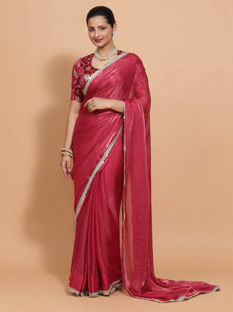 Monica DrapeFit™ One Minute Saree Combo | Blush Pink Tissue Saree with Red Pink Meenakari Saanvi Blouse | Ready-To-Wear Saree Optional-Binks