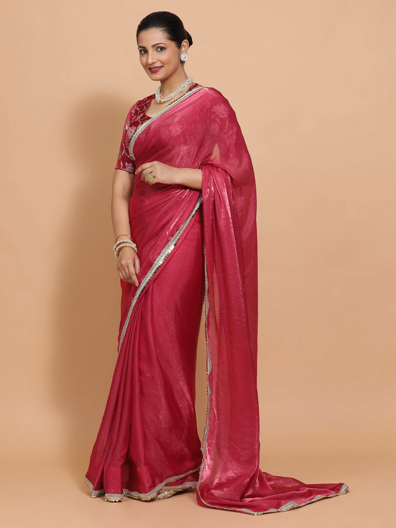 Monica DrapeFit™ One Minute Saree Combo | Blush Pink Tissue Saree with Red Pink Meenakari Saanvi Blouse | Ready-To-Wear Saree Optional-Binks