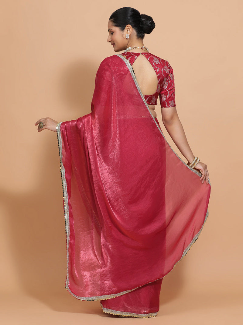 Monica DrapeFit™ One Minute Saree Combo | Blush Pink Tissue Saree with Red Pink Meenakari Saanvi Blouse | Ready-To-Wear Saree Optional-Binks