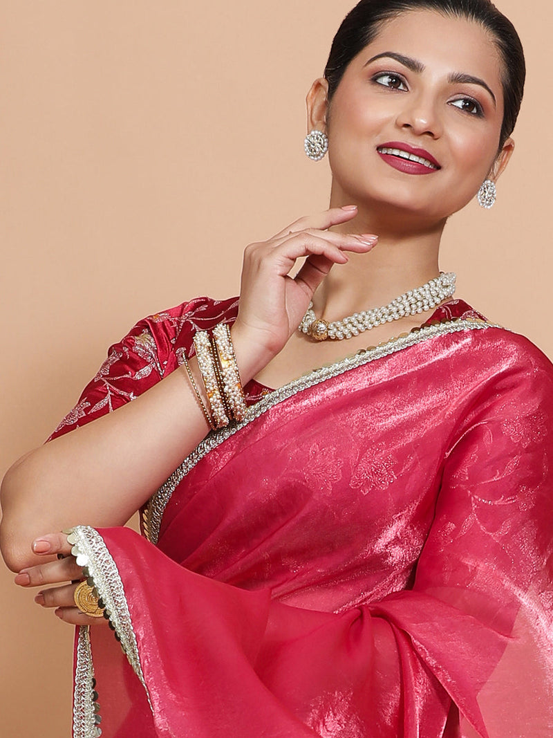 Monica DrapeFit™ One Minute Saree Combo | Blush Pink Tissue Saree with Red Pink Meenakari Saanvi Blouse | Ready-To-Wear Saree Optional-Binks