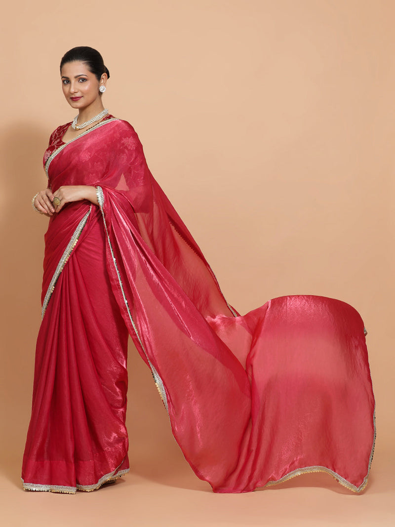 Monica DrapeFit™ One Minute Saree Combo | Blush Pink Tissue Saree with Red Pink Meenakari Saanvi Blouse | Ready-To-Wear Saree Optional-Binks