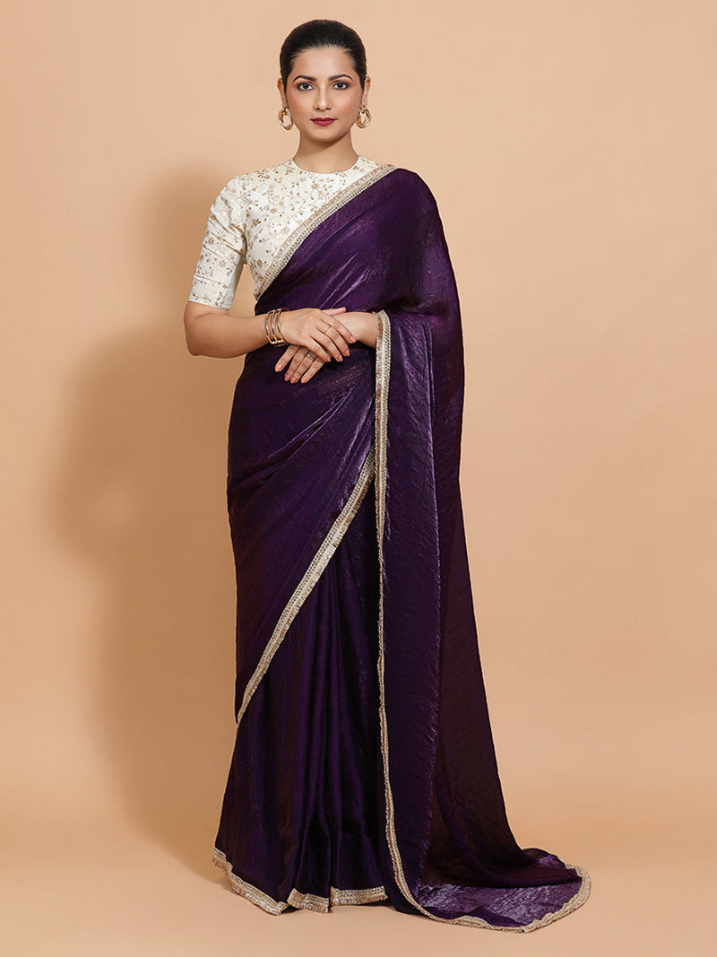 Nasreen DrapeFit™ One Minute Saree Combo | Purple Radiance Tissue Saree with Cream Embroidered Zeelaf Blouse | Ready-To-Wear Saree Optional-Binks