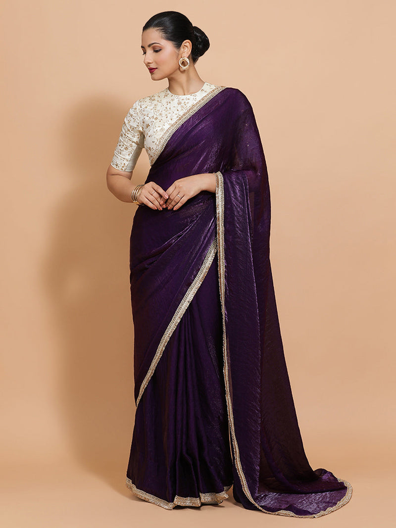 Nasreen DrapeFit™ One Minute Saree Combo | Purple Radiance Tissue Saree with Cream Embroidered Zeelaf Blouse | Ready-To-Wear Saree Optional-Binks