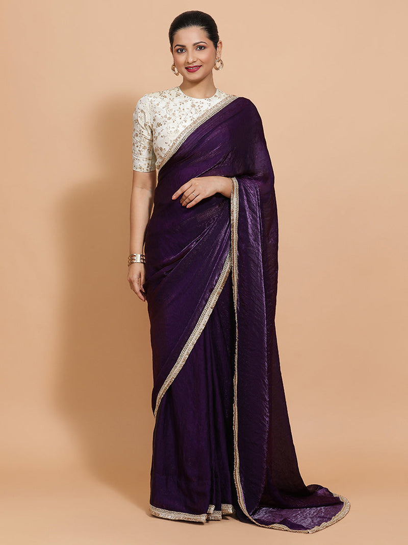 Nasreen DrapeFit™ One Minute Saree Combo | Purple Radiance Tissue Saree with Cream Embroidered Zeelaf Blouse | Ready-To-Wear Saree Optional-Binks