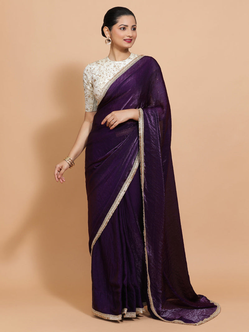 Nasreen DrapeFit™ One Minute Saree Combo | Purple Radiance Tissue Saree with Cream Embroidered Zeelaf Blouse | Ready-To-Wear Saree Optional-Binks