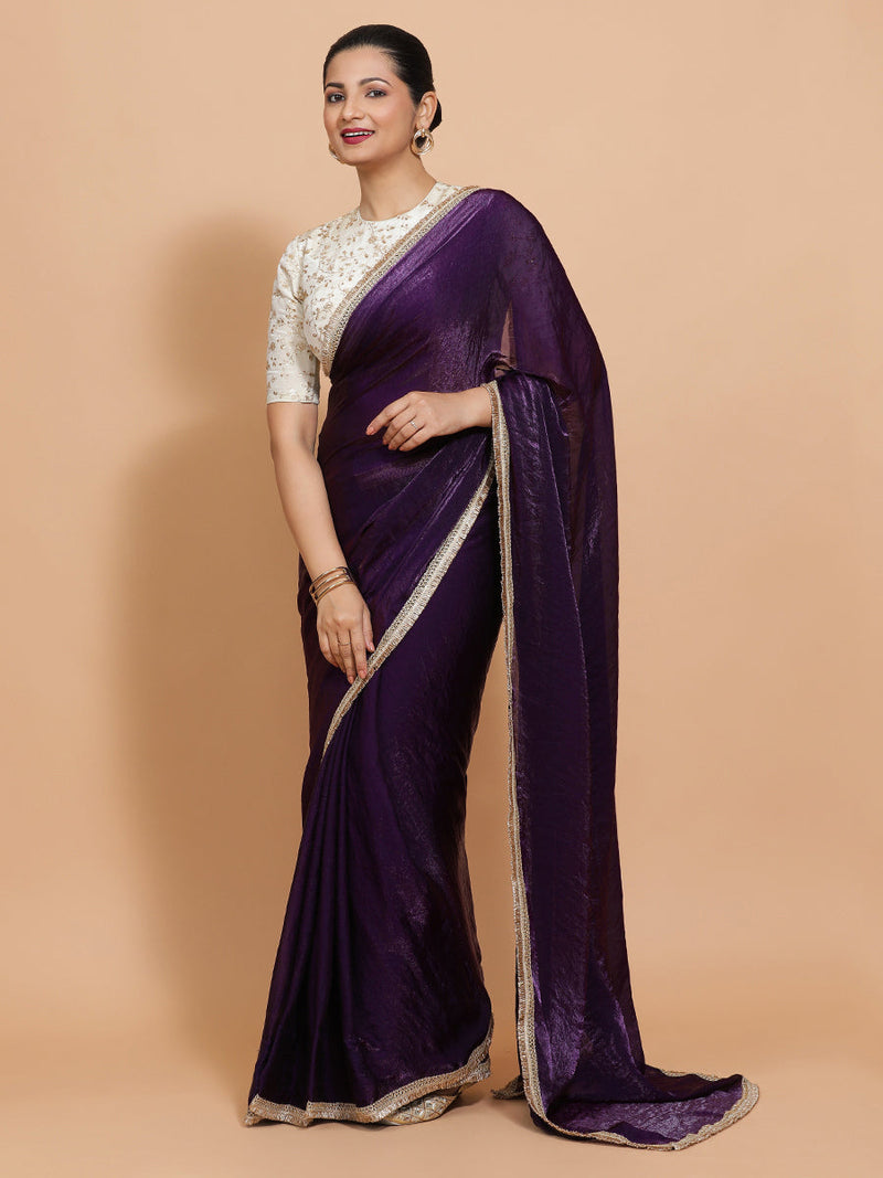 Nasreen DrapeFit™ One Minute Saree Combo | Purple Radiance Tissue Saree with Cream Embroidered Zeelaf Blouse | Ready-To-Wear Saree Optional-Binks